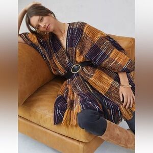 💥Anthropologie Brushed Plaid Reversible Cardigan Poncho Fringe Women’s One Size